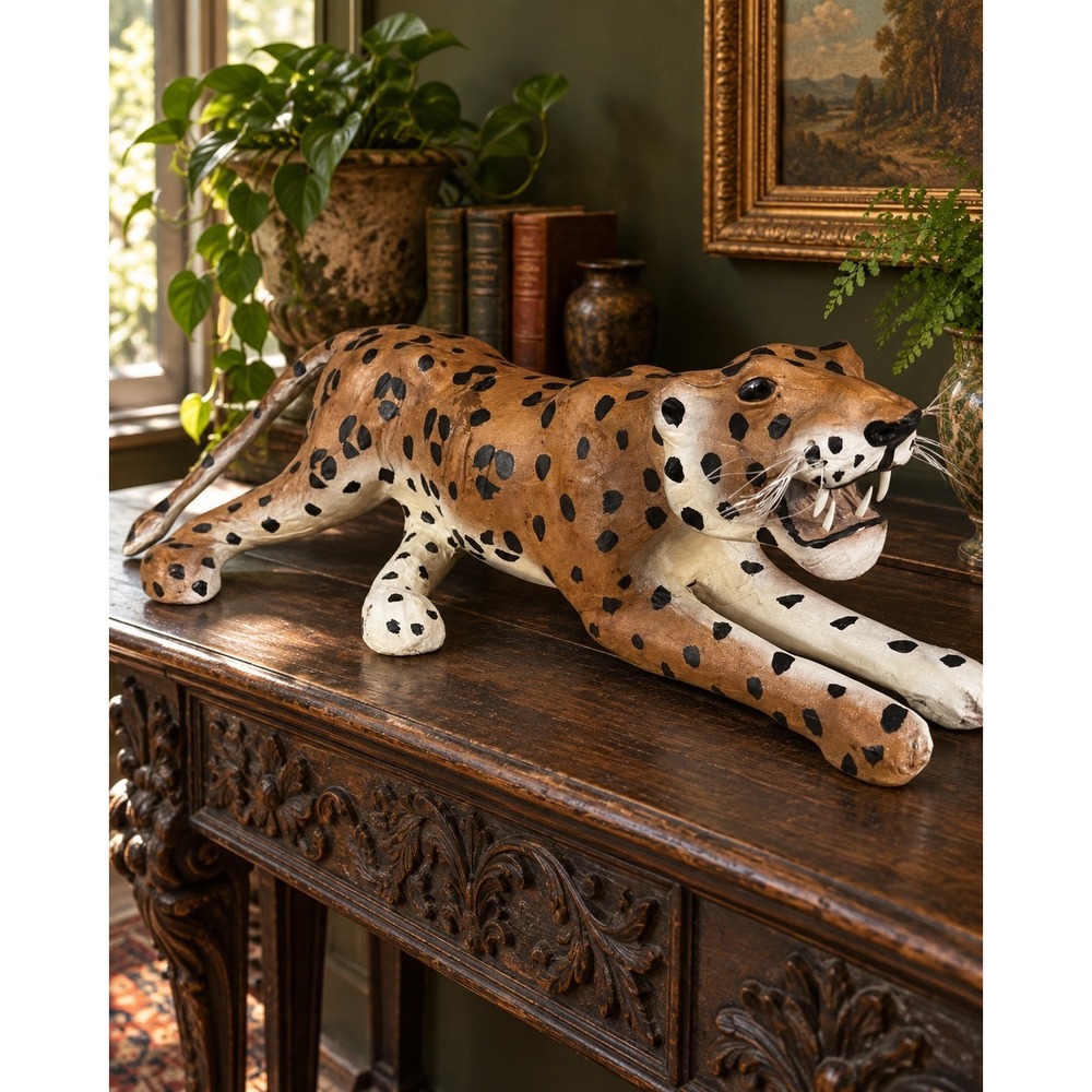 Paper Mache Leopard Figurine With Lifelike Details & Painted Finish